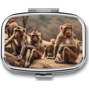 Aap zittend op stenen pillenetui met 2 compartimenten, pillenorganizer, draagbare vierkante pillendoos, vitaminepillenorganizer voor zakportemonnee en reizen