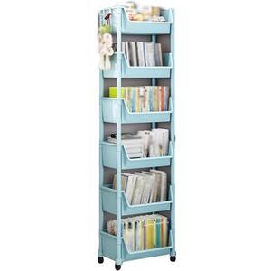 4/5/6 Kubus Boekenplank, Multi-Layer Home Bureau Zijkant Met Wielen, Geschikt for Woonkamer, Studeerkamer, Leeshoek (Lake Blue, Beige)(Lake Blue,6tier)