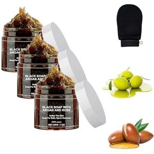 Zawina Morocco Black Beldi Soap, zwart zeep met argan en roos, Zawina Morocco Body Scrub, Moroccan zwarte zeep met handschoen (3 dozen)