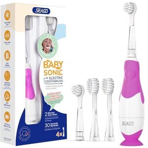 Seago Baby Elektrische Tandenborstel 0-2-3 Jaar met Lichten, 2-Minuten Timer, Anti-slip Siliconen Handvat, 4 Vervangbare Borstels, Leuk Pinguïn Design, IPX7 Waterdicht, Violet