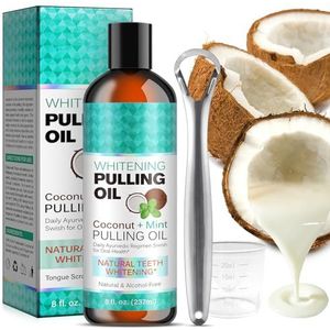Natuurlijke kokosolie 8 fl.oz muntolie mondwater met tongschraper - alcoholvrije kokosolie voor een frisse adem, het bleken van tanden en gezonder tandvlees en tanden