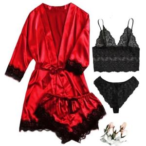 CSSHNL Satijnen Pyjama Set Vrouwen Zijde Satijn Pyjama Set 4 Stuks Lingerie Bloemen Kant Nachtkleding Met Gewaad Nachtjapon Lange Dames Pyjama Set, Rood, L