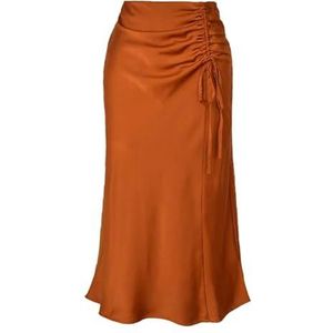 LLaviD Zijden rok Shirring Satijn Rok Voor Vrouwen Hoge Taille Slanke Rits Lange Rok Elegante Effen Kleur Midi Rokken