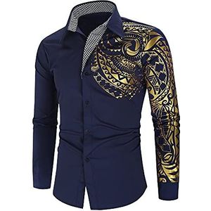 WUGDSQGH Mens Bloemen Shirts Lange Mouw Gepersonaliseerde Gedrukt Shirt Mannen Herfst Slim Lange Mouw Goud Zwart Shirt Mannen Sociale Mannen Club Prom Shirt