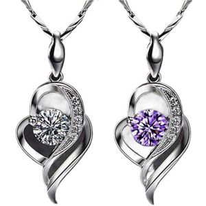 925 Sterling zilveren ketting ketting luxe kristal CZ liefde hart hanger kettingen compatibel met vrouwen partij sieraden geschenken (Style : 45cm_Purple Crystal)
