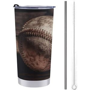 LHDGSJE Honkbal op houten geïsoleerde beker herbruikbare roestvrijstalen mok reiskoffiemok lekvrij grote capaciteit autobeker geïsoleerde waterfles past in de bekerhouder van de auto