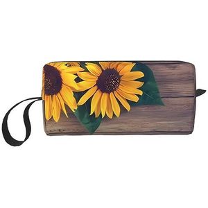 Zonnebloemen op een Oude Houten Make-up Tas Draagbare Cosmetische Tas Rits Kleine Pouch Handtas Reizen Toilettas Organizer Opbergtas voor Vrouwen, Wit, Eén maat