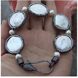 Armbanden 8"" witte munt zoetwaterparel afgezet met zwarte macarsite pave armband for dames