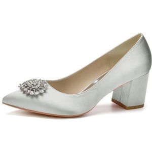 Dames Gesloten Teen Hakken Pumps 2.36Inch Chunky Blok Hakken Lage Jurk Schoenen Slip on Business Office Werk Trouwschoenen,Zilver,35 EU