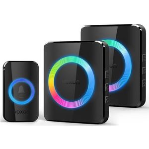 VOXON Draadloze deurbel, 400 m bereik, draadloze deurbel, set met 2 plug-in-ontvangers en 1 zender, IP65 waterdichte deurbel, voor buiten, 60 melodieën, deurbel, RGB-licht (zwart)