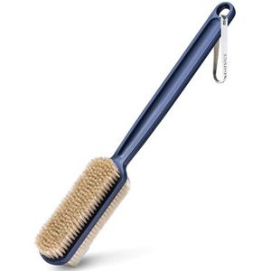 MainBasics Rugschrobber voor de douche, lange steel, dubbelzijdige borstel voor lichaamswas- en schrobben, met exfoliërende en zachte haren (ultramarijn, kunststof)