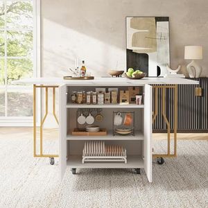 Draagbare eettafel, inklapbaar tafelblad, gemarmerd tafelblad, geschikt voor eetkamer, woonkamer, verstelbare scheidingswanden, grote opbergvakken, 6 wielen (2 vergrendelbaar), gouden tafelpoten