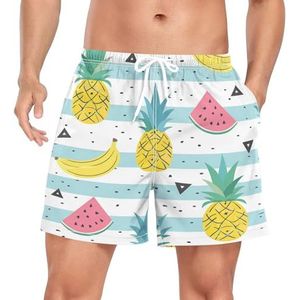 Niigeu Ananas Watermeloen Fruit Stripes Zwembroek voor heren, sneldrogend, met zakken, Leuke mode, S