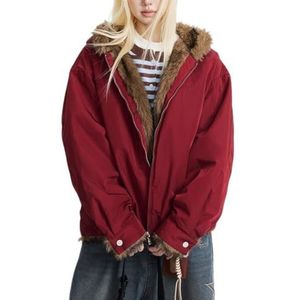 LoprNsdgt Dames Streetstyle Volledige Rits Losse Dikke Gevoerde Warme Jas Met Nepbont Afwerking En Capuchon,Rood,L