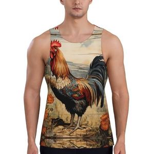 Haan op hout in landbouwgrond print heren tanktops voor training, mouwloze T-shirts, casual zomershirts voor heren, Zwart, XXL