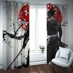 HOBBOY Japanse stijl verduisterende gordijnen zwarte krijger print raamgordijnen voor slaapkamer woonkamer rode zon thermisch geïsoleerde gordijnen 2 panelen 2x B 187 x 244 cm