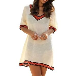 Cover-up voor vrouwen, strandkleding voor vrouwen, modieus, losse V-hals, handgemaakt, gehaakte korte mouwen, kleurblok, strandbedekking voor vrouwen, zomer, zwempak cover-up jurk, badpak cover-up