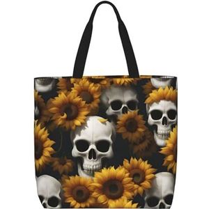 SSIMOO Drie zonnebloemen op houten stijlvolle rits boodschappentassen, schoudertas, de perfecte mix van stijl en gemak, Zonnebloem Halloween Skull2, Eén maat