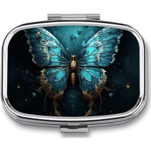 Vierkante pillendoos draagbare metalen pillenetui 2 compartimenten kleine reizen pillenorganisator schattige blauwe vlinder patroon vitamines houder organizer voor portemonnee zak
