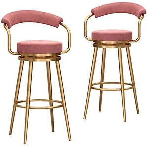 FZDZ Draaibare barkrukken set van 2 met rug metalen hoge kruk hoge stoel voor binnen buiten pub keuken, hoogte 75 cm, fluwelen zitting, metalen frame (kleur: roze, maat: gouden poten)
