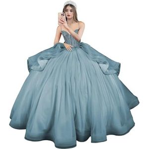 Fuomomo Quinceanera MT054 Jurken met spaghettibandjes, partyjurk met staart, Quinceanera kanten jurk met strik, Quinceanera tule met parels, Blauw (Dusty Blue), 42