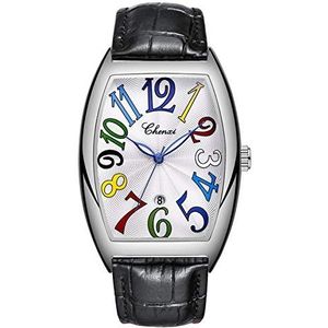 Luxe Heren Zakelijke Horloge Waterdichte Lichtgevende Kalender Casual Rechthoekige Lederen Quartz Horloges, Zwart/Wit, riem