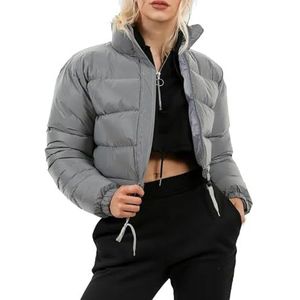 Dames Cropped Pufferjack, Opstaande Kraag, Baggy Korte Gewatteerde Jas Met Zakken(Gray,S)