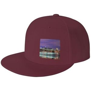 StOlmx New York Night Flat Bill Vizier Klassieke Snapback Hoed Blank Verstelbare Rand Hoge Top Baseball Cap, Donkerrood, Eén Maat