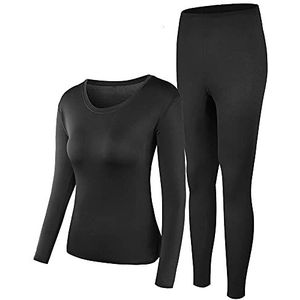 PISIQI Thermisch Ondergoed Vrouwen Ultra-Zachte Lange Onderbroeken Set Basislaag Skiën Winter Warm Top & Bottom, Zwart, L