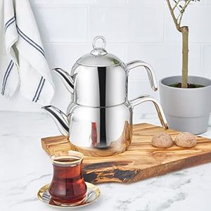 Karaca Manes Middelgrote metalen waterkoker, geschikt voor inductie, Turkse thee, thee, Turkse waterkoker, Caydanlık