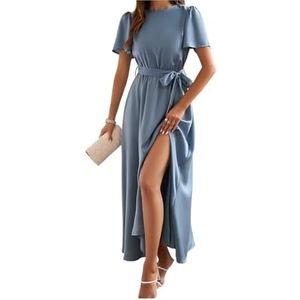 Jurk voor dames ronde hals korte mouw elastische taille casual lange jurk zoom vloeiende swing midi-jurk, Blauw, XL