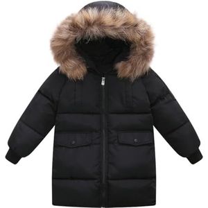 Lengender Jas voor kinderen, jongens, winter, donsjack met capuchon, jas, imitatiebont, parka, gevoerd, pluche, warm, Zwart A, 120 cm
