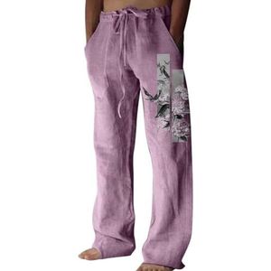 Heren Linnen Broek Joggingbroek Zomer Casual Broek Met Zakken Baggy Broek Met Trekkoord Comfortabele En Lichte Broek (Color : Purple, Size : XL)