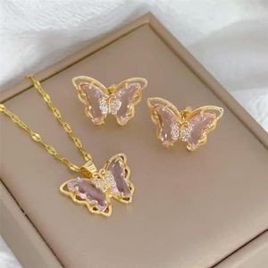 Fashion Light Luxury Design Butterfly Set Earrings Necklace Classic Personality Micro-inlaid Transparent Crystal Stainless -X1254-pink-50cm