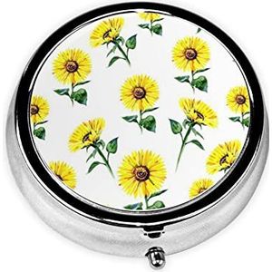 Zomer Zonnebloem Gedrukt Pil Organizer Pillendoos Pil Case Draagbaar voor Portemonnee Pocket Ronde Metalen Pil Houder Organizer voor Dagelijkse Geneeskunde