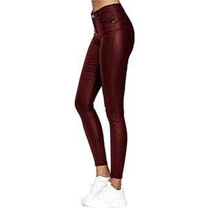 Damesbroek In Imitatieleerlook Hoog Getailleerde Gecoate Stretch Magere Motorbroek Van PU-leer Met Zakken(Red wine,M)