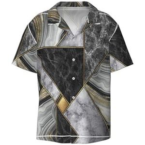 Zwarte Marmeren Textuur Gouden Print Mode Korte Mouw Cubaanse Kraag Shirt Mannen Hawaiiaanse Shirts Zomer Strand Vakantie, Zwart, L