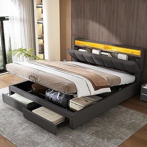 Aunvla Gestoffeerd bed met ledverlichting, hydraulisch opbergbed met bedlade, laden en opbergvakken, opbergbaar hoofdeinde van schuim, tweepersoonsbed van stalen frame, linnen, 180 x 200 cm, grijs