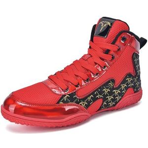ZHENSI Heren Boksschoenen Zero Drop Lichtgewicht Worstelsneakers Hoge Fitness Vechtsport Trainingsschoenen,Rood,38 EU