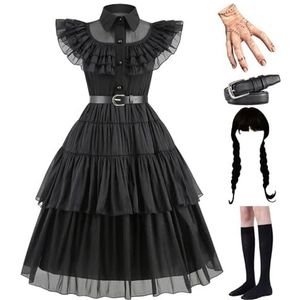 Wednesdays Addams Costume Dress for Girls - Princess Dress with Belt,Wig,Socks and Statue hand | Girls Wednesdays Addams Costume Dress Up Fancy Halloween Cosplay Outfit Christmas Party 3-15 Years