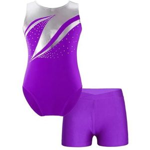 TIYGHI Turnpakje Kinderen Meisjes Glanzende Strass Gymnastiek Turnpakje met Shorts Ballet Dans Schaatsen Yoga Training Performance Body Jumpsuit (Kleur: Paars, Maat: 8)