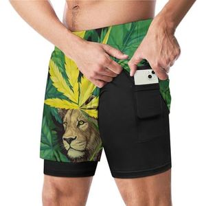 Leeuw in wiet blad grappige zwembroek met compressie voering en zak voor mannen board zwemmen sport shorts