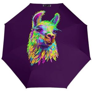 Kleurrijke Alpaca Lama Portret Winddichte Paraplu Compacte Automatische Paraplu Lichtgewicht Opvouwbare Reis Paraplu