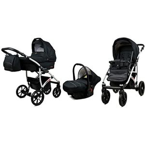 BabyLux Largo 3 in 1 Baby Reis Systeem Kinderwagen Autostoel Afneembare Regenhoes Voetenzak Dragende Wielen Pasgeborene tot Baby Black Silver Frame