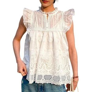 CakfLjkhl Casual zomertops voor vrouwen Bloemenkant Holle Out Ruche Mouwloos Geklede Vakantie Shirt Blouses,Wit,L