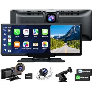 Volam 9,26 inch Carplay Display met 2,5K dashcam auto voor, 1080p achteruitrijcamera, draadloze A-pple Carplay Android Auto, Mirror Link, Navigatie, G00gle, Siri, FM, AUX, Loop Recording, 64G SD-kaart