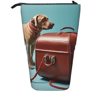 Hond en koffer staande etui, schattig pennenzakje, telescopische briefpapier zakje make-up cosmetica tas voor vrouwen kantoor