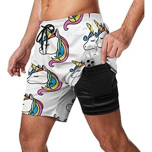 Rainbow Unicorn Zwembroek voor heren, sneldrogend, 2-in-1 strandsportshorts met compressieliner en zak