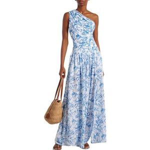 HFYRBDKSPI Dames One Piece Badpak One Shoulder Retro Bloemenprint Buikcontrole Badpak met Strand Wikkelrok,Blue set,L
