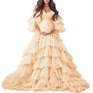 Off Shoulder Pluizige Tule Robe Zwangerschapsjurk voor fotoshoot Lange Lingerie Baby Shower Zwangerschap Jurk AH040, Champagne, 56 grote maten